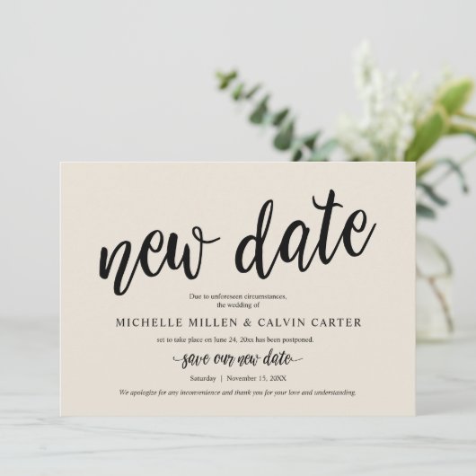 Uitgestelde bruiloft, nieuwe datum, crème, aankond kaart (Staand voorkant)