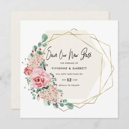 Uitgestelde bruiloft nieuwe datum huwelijk save the date (Voorkant / Achterkant)