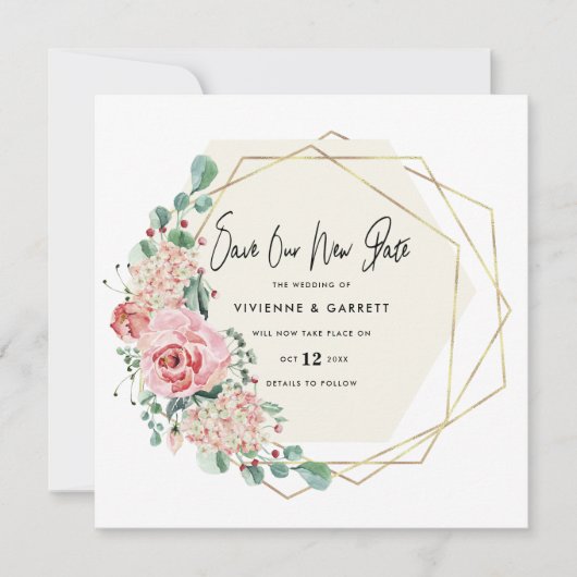 Uitgestelde bruiloft nieuwe datum huwelijk save the date (Voorkant)