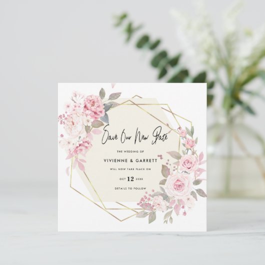 Uitgestelde bruiloft nieuwe datum huwelijk save the date (Staand voorkant)