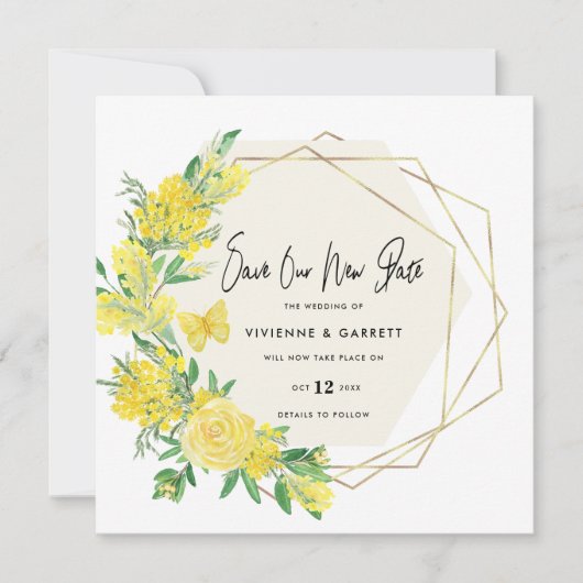 Uitgestelde bruiloft nieuwe datum huwelijk save the date (Voorkant)