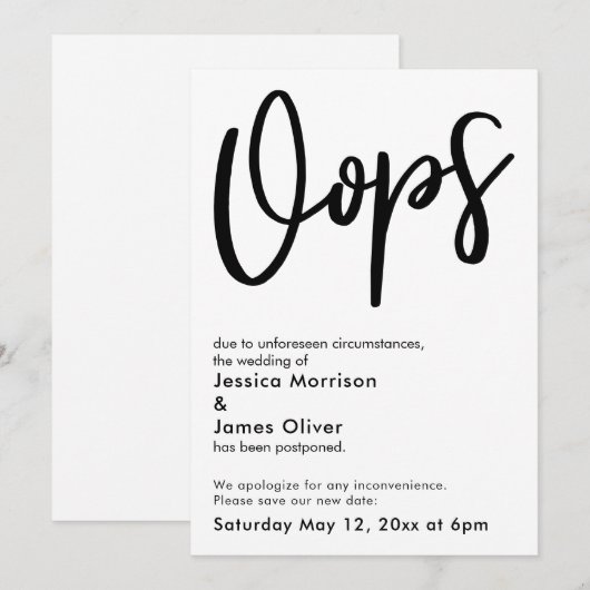Uitgestelde bruiloft "Oops" humoristische aankondi Kaart (Voorkant / Achterkant)
