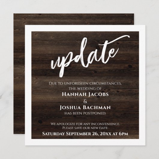 Uitgestelde bruiloft rustieke hout update Kaart (Voorkant / Achterkant)