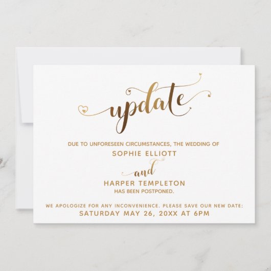 Uitgestelde bruiloft update Gold Hearts kalligrafi Kaart (Voorkant)