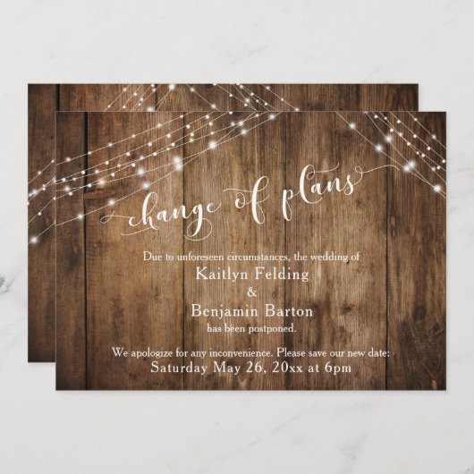 Uitgestelde bruiloft verandering van plannen hout kaart (Voorkant / Achterkant)