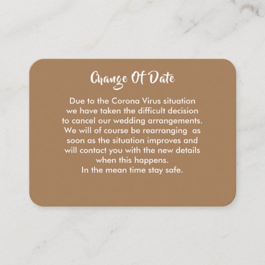 Uitgestelde bruiloft wijziging van datum aankondig informatiekaartje (Voorkant)