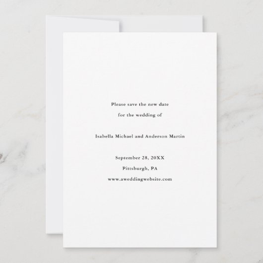 Uitgestelde chic huwelijksdatum met nieuwe datum f aankondiging (Achterkant)