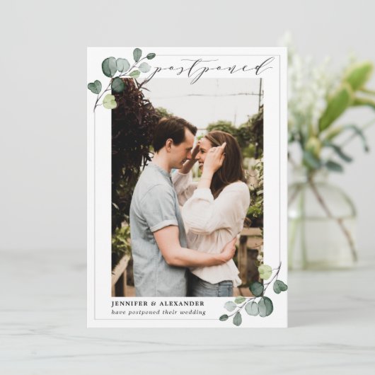 Uitgestelde datum Eucalyptus Trouwfoto Aankondiging (Staand voorkant)