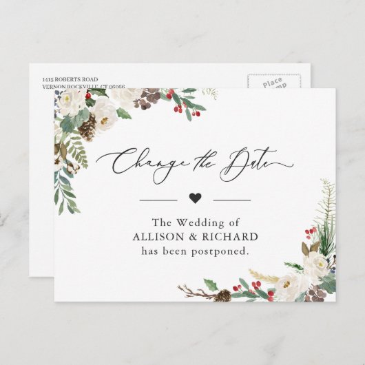 Uitgestelde datum Rustic Winter Floral Uitgesteld Briefkaart (Voorkant / Achterkant)