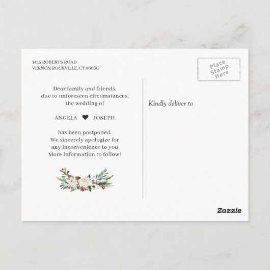 Uitgestelde datum Rustic Winter Floral Uitgesteld Briefkaart (Achterkant)