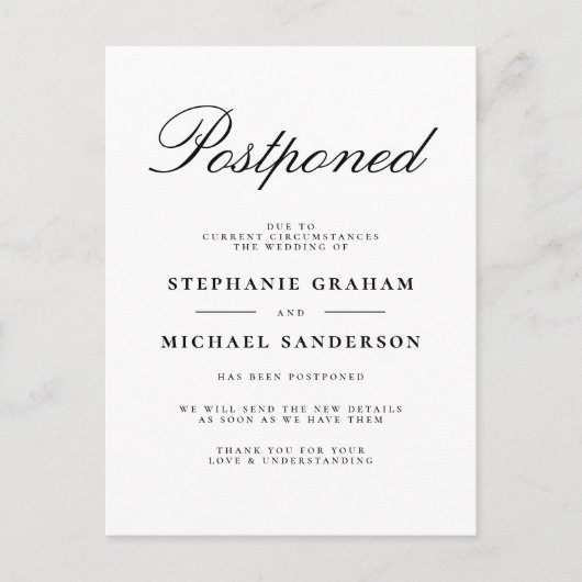 Uitgestelde Elegante Script Trouwkaart Uitnodiging Briefkaart (Voorkant)