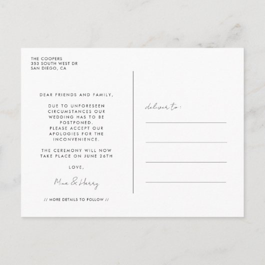 Uitgestelde huwelijksaankondiging briefkaart (Achterkant)