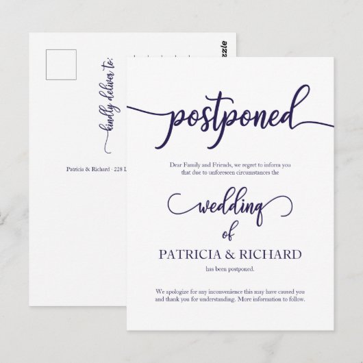 Uitgestelde huwelijksaankondiging Navy Blue Script Briefkaart (Voorkant / Achterkant)