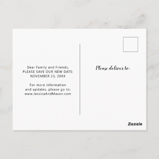 Uitgestelde huwelijksaankondiging Verander de datu Briefkaart (Achterkant)