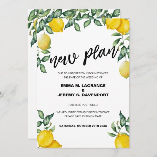 Uitgestelde huwelijksdatum, citroen nieuwe plan aa save the date (Voorkant / Achterkant)