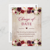 Uitgestelde huwelijksdatum Rustic Wood Burgundy Fl Briefkaart (Voorkant / Achterkant)
