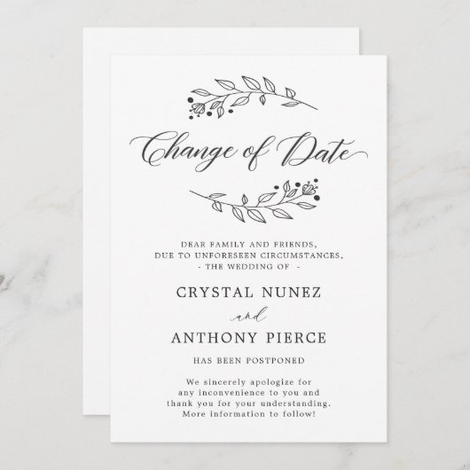 Uitgestelde Huwelijksdatum Wijzigingsaankondiging Kaart (Voorkant / Achterkant)
