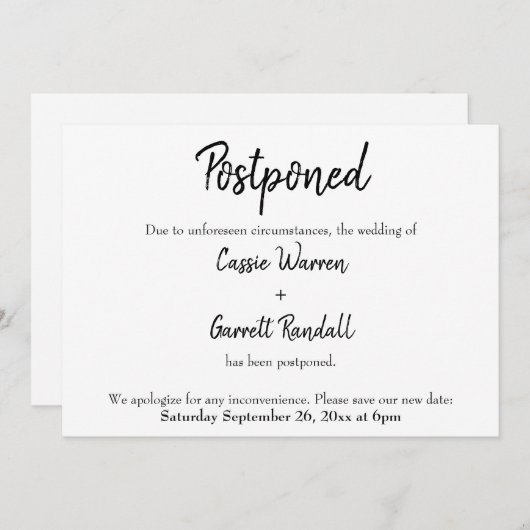 "Uitgestelde" nieuwe trouwdatum aankondiging (Voorkant / Achterkant)