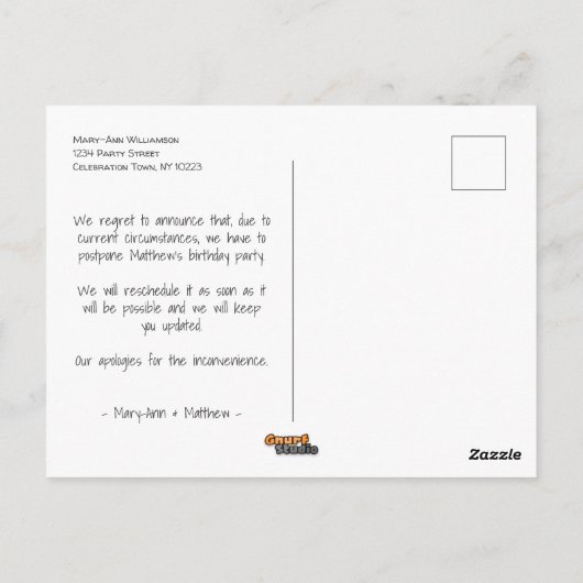 Uitgestelde opzegging van de partij voor kaas en b briefkaart (Achterkant)