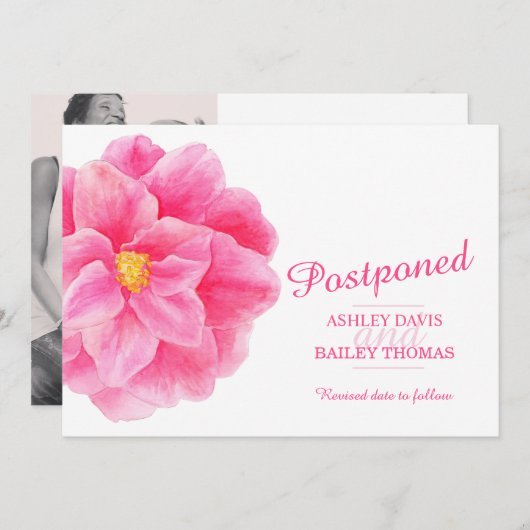 Uitgestelde roze camellia huwelijksannulering aankondiging (Voorkant / Achterkant)