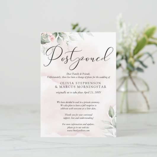 Uitgestelde Trouwdag Aquarel Bleek Roze Roos Kaart (Staand voorkant)