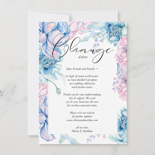 Uitgestelde Trouwdag Aquarel Roze en Blauwe Bloeme Kaart (Voorkant)