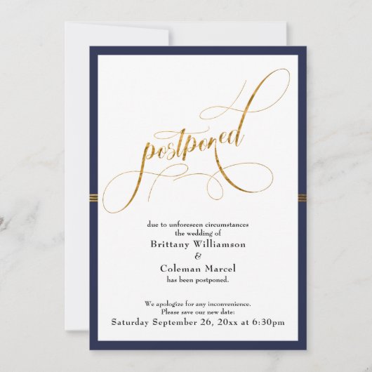 Uitgestelde Trouwdag Elegante Navy & Gouden Streep Kaart (Voorkant)