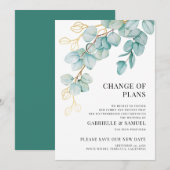 Uitgestelde Trouwdag Elegante Teal en Gouden Eucal Aankondiging (Voorkant / Achterkant)