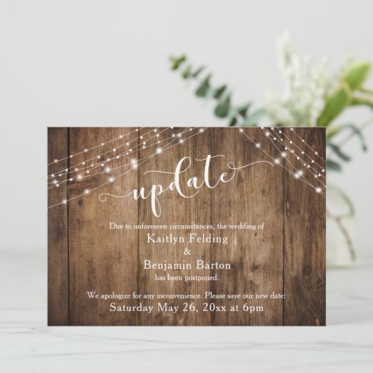 Uitgestelde Trouwdag Update, Rustiek Hout & Lichtj Kaart (Staand voorkant)