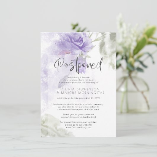 Uitgestelde Trouwdag Waterverf Paarse Bloemen Kaart (Staand voorkant)