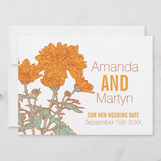 Uitgestelde trouwdatum chrysanthemum wit oranje kaart (Voorkant)