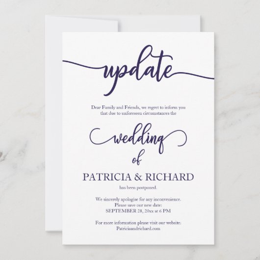 Uitgestelde Trouwdatum Navy Blue Script Kaart (Voorkant)
