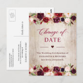 Uitgestelde Trouwdatum Rustieke Hout Bourgondië Bl Briefkaart (Voorkant / Achterkant)