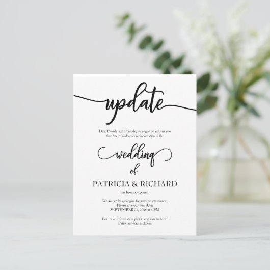 Uitgestelde trouwdatum update aankondiging briefkaart (Staand voorkant)