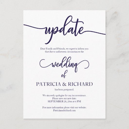 Uitgestelde Trouwdatum Update Navy Blue Script Briefkaart (Voorkant)