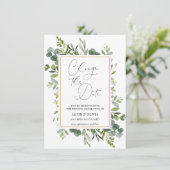 Uitgestelde trouwdatumaankondiging met eucalyptus kaart (Staand voorkant)