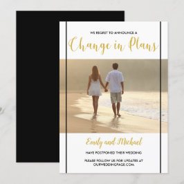 Uitgestelde trouwfotoaankondiging in zwart en goud kaart