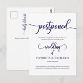 Uitgestelde trouwkaart Navy Blue Script Briefkaart (Voorkant / Achterkant)