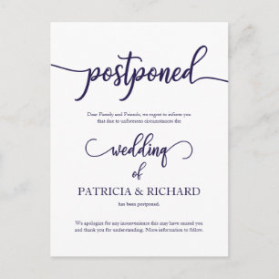 Uitgestelde trouwkaart Navy Blue Script Briefkaart