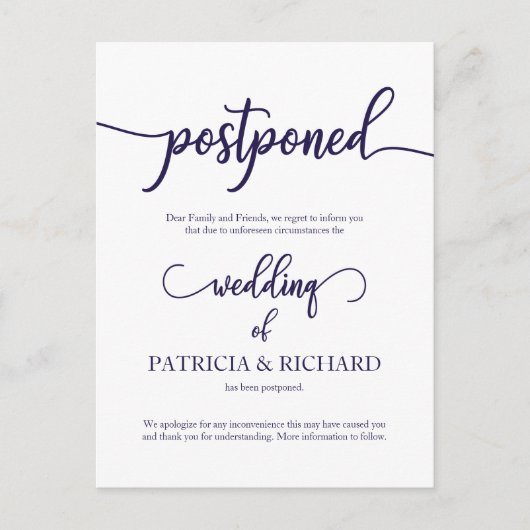 Uitgestelde trouwkaart Navy Blue Script Briefkaart (Voorkant)