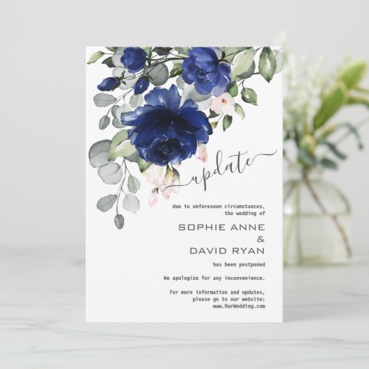 Uitgestelde trouwupdate Navy Blue Roze Bloemen Kaart (Staand voorkant)