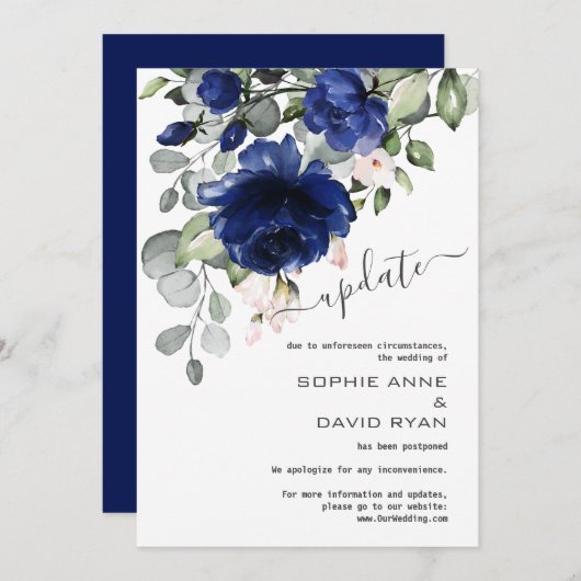 Uitgestelde trouwupdate Navy Blue Roze Bloemen Kaart (Voorkant / Achterkant)
