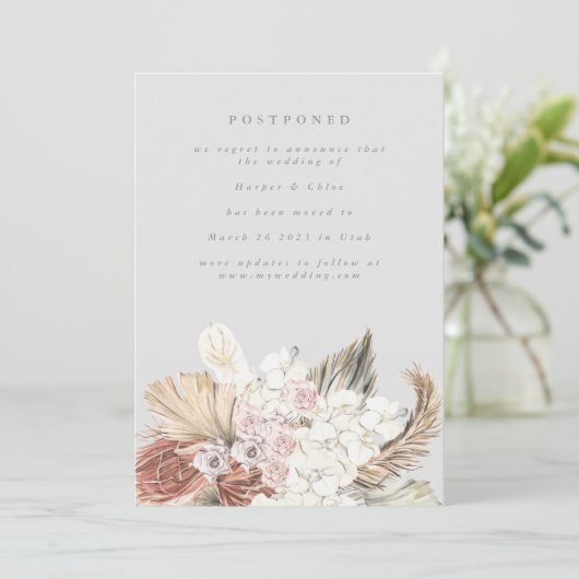 Uitgestelde Ultimate Grey Bohemian Pampas Save The Date (Staand voorkant)