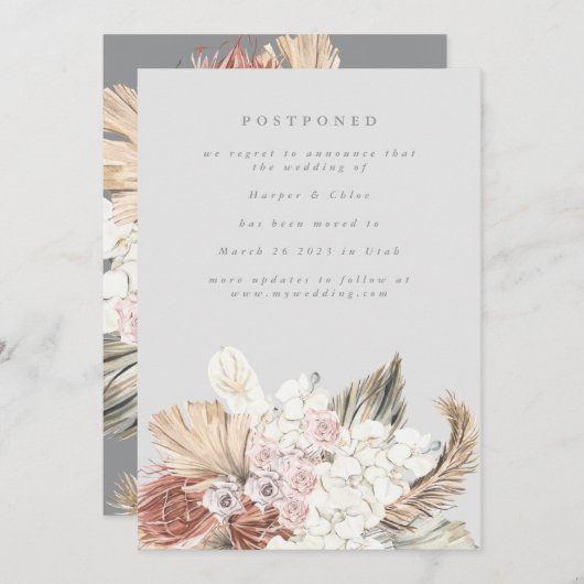 Uitgestelde Ultimate Grey Bohemian Pampas Save The Date (Voorkant / Achterkant)