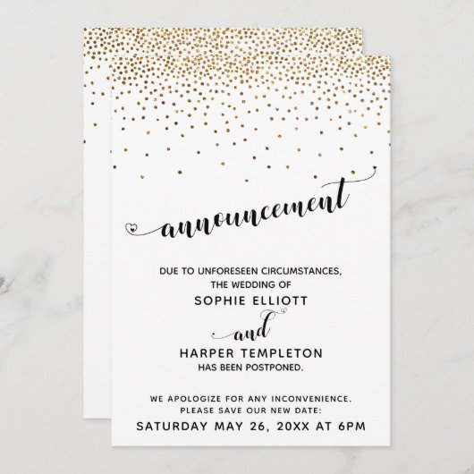 Uitgestelde Wedding Gold Confetti & Hearts Kaart (Voorkant / Achterkant)