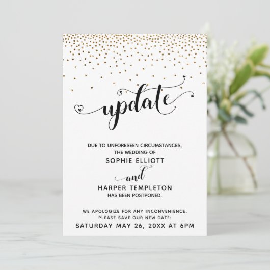 Uitgestelde Wedding Gold Confetti & Hearts Update Kaart (Staand voorkant)