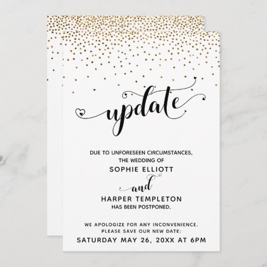 Uitgestelde Wedding Gold Confetti & Hearts Update Kaart (Voorkant / Achterkant)