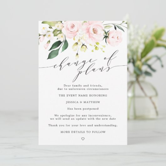 Uitgestelde Wijziging van Plannen Blush Bloemen Br Aankondiging (Staand voorkant)