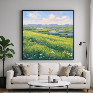 Uitgestrekt graslandschap - Schilderstijl Kunst Poster