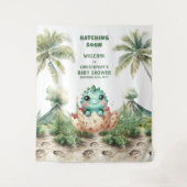 Uitkomen Binnenkort Baby shower Banner Blue Dinosa Wandkleed (Voorkant)